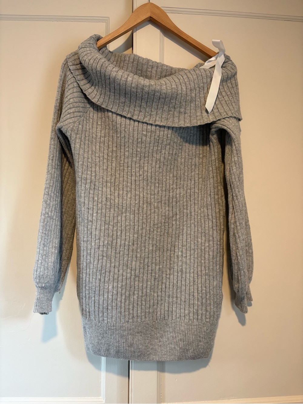 Blue Blush Off the Shoulder Sweater with Tie Detail